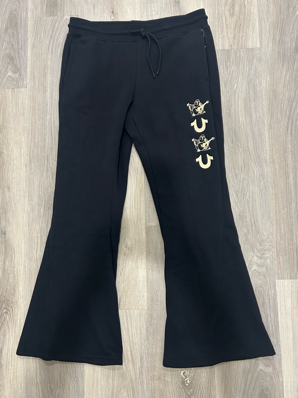 NWT True Religion Women’s L Black/Gold Drawstring Fleece Flared Sweatpants Pants